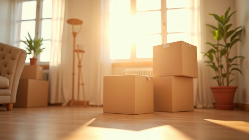 Neatly packed moving boxes in a bright living room