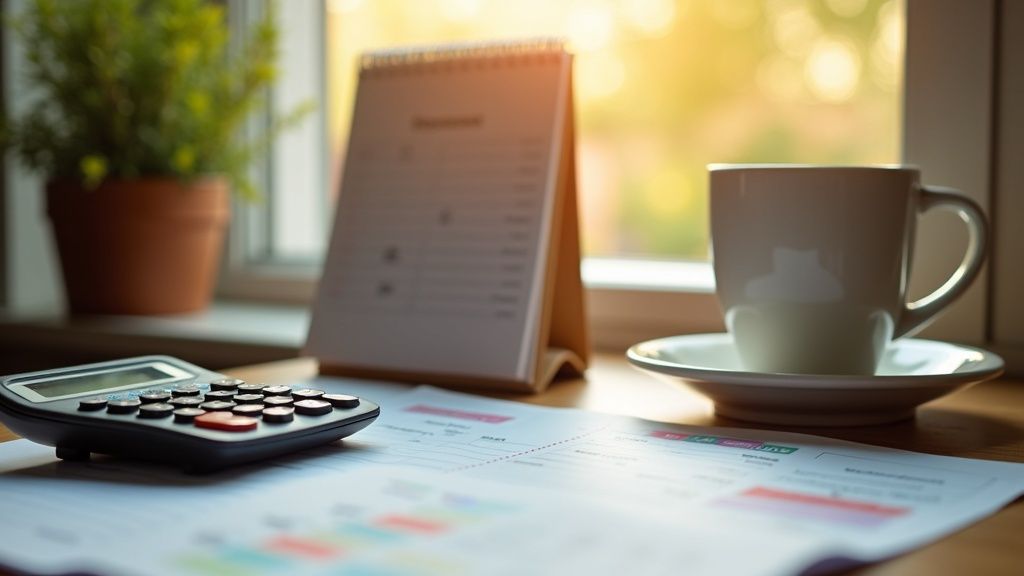 Desk calendar, calculator, and coffee by a sunny window