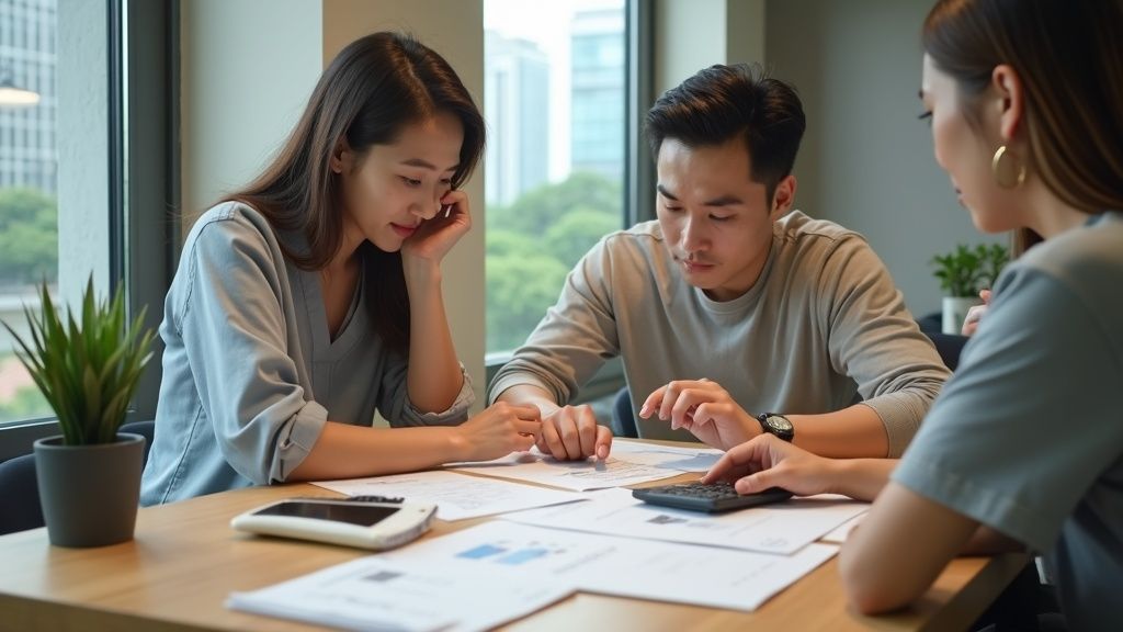 Couple working through property figures with an adviser at a bright table