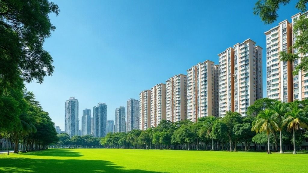 Mature apartment blocks and modern condominium towers behind a green park lawn under a vivid blue sky