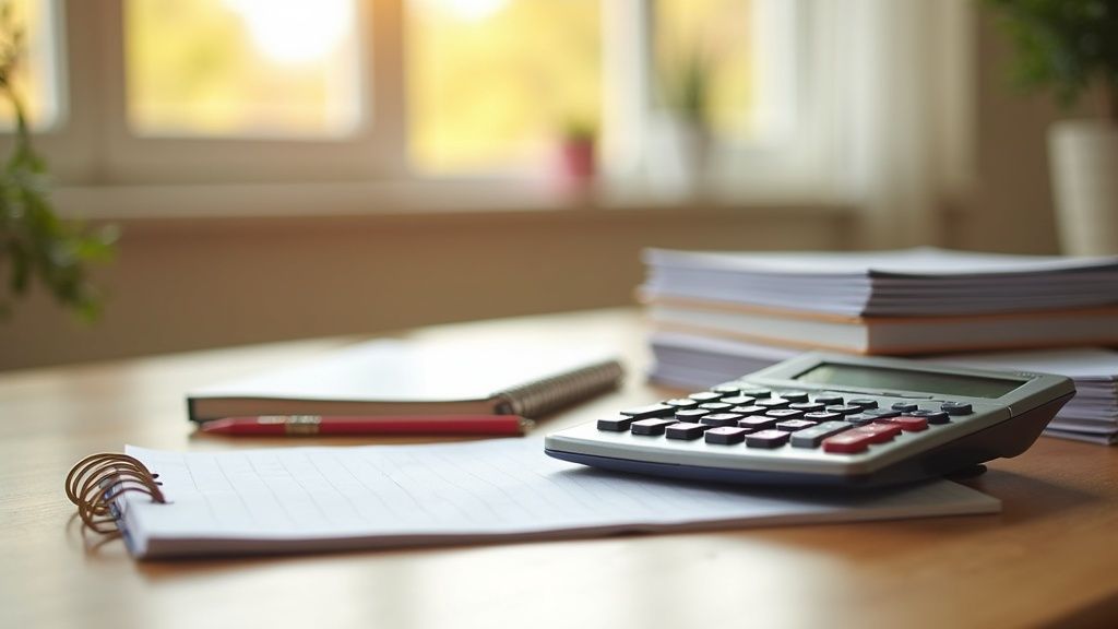Calculator, notebook, and stacked documents on a bright kitchen table