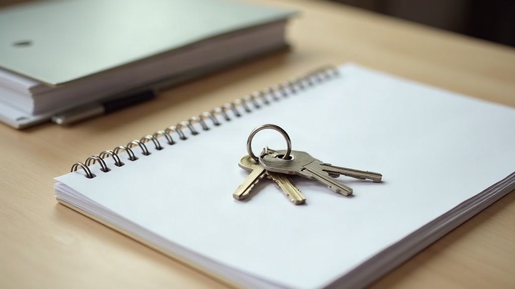 A set of house keys resting on plain sale paperwork on a light wooden table in soft daylight