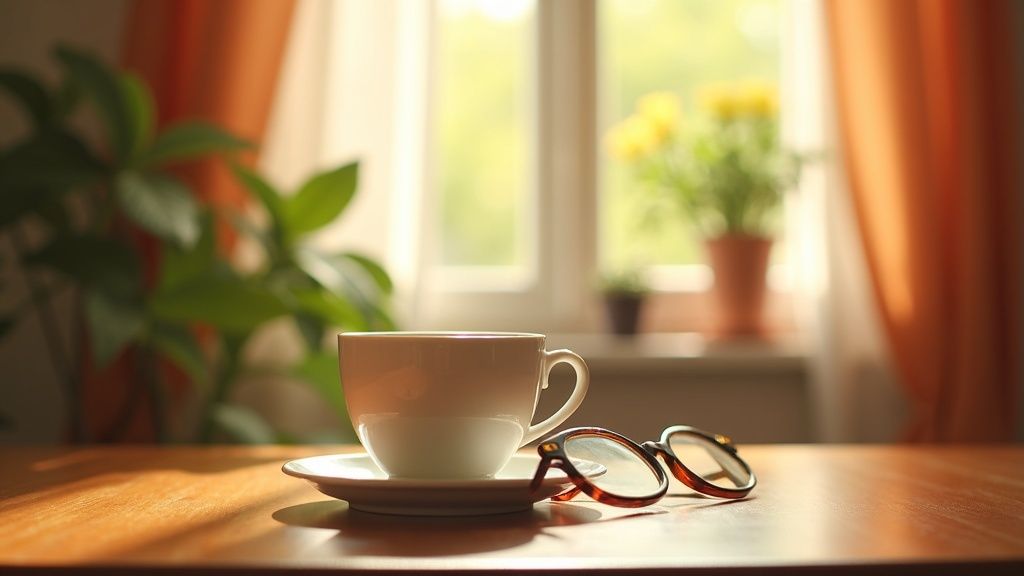 Teacup and reading glasses by a bright HDB flat window