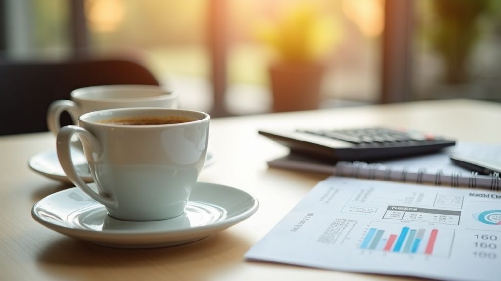 Two coffee cups beside a shared notebook of figures and a calculator