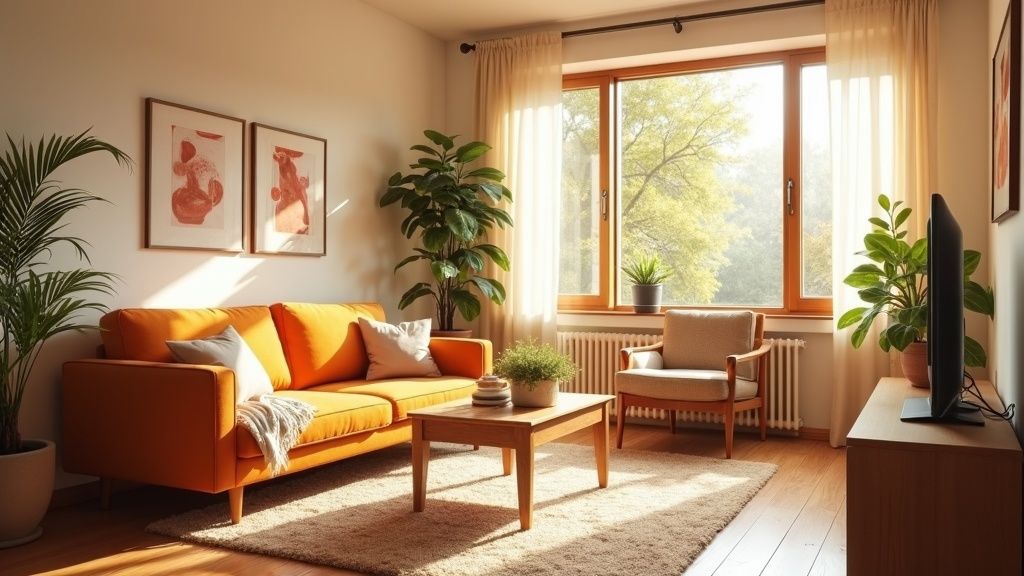 Cozy compact rental apartment living room, tidy and bright