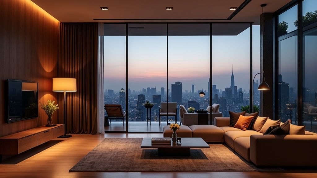 Luxury home interior at dusk set for a private viewing