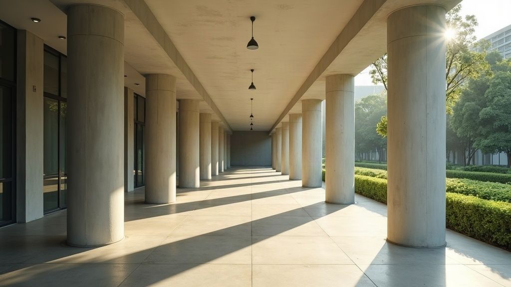Empty void deck under an HDB block with concrete columns and morning light, greenery beyond