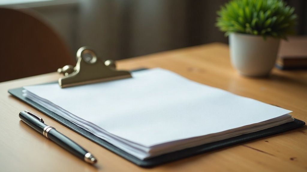 A stack of blank property papers in a document holder with a pen and a small potted plant on a wooden desk in soft daylight