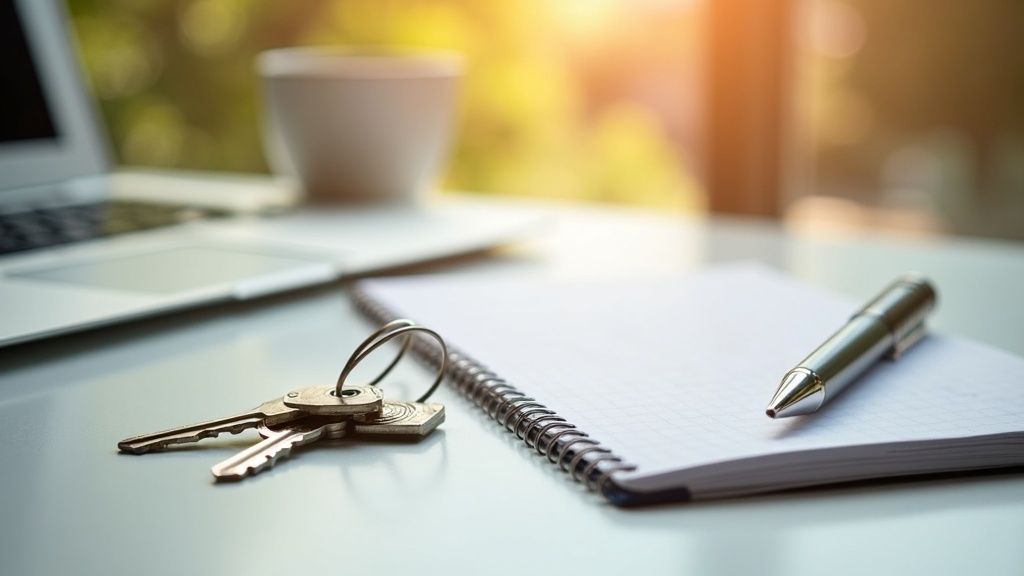 Bank passbook, house keys, and a pen on a clean desk