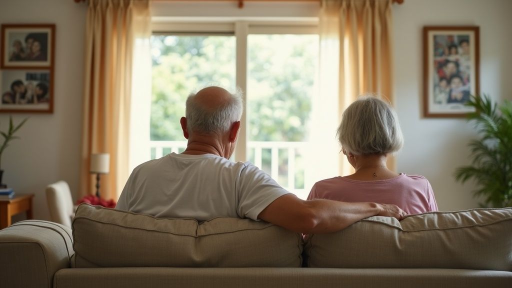 Elderly couple at home in their HDB flat, seen from behind