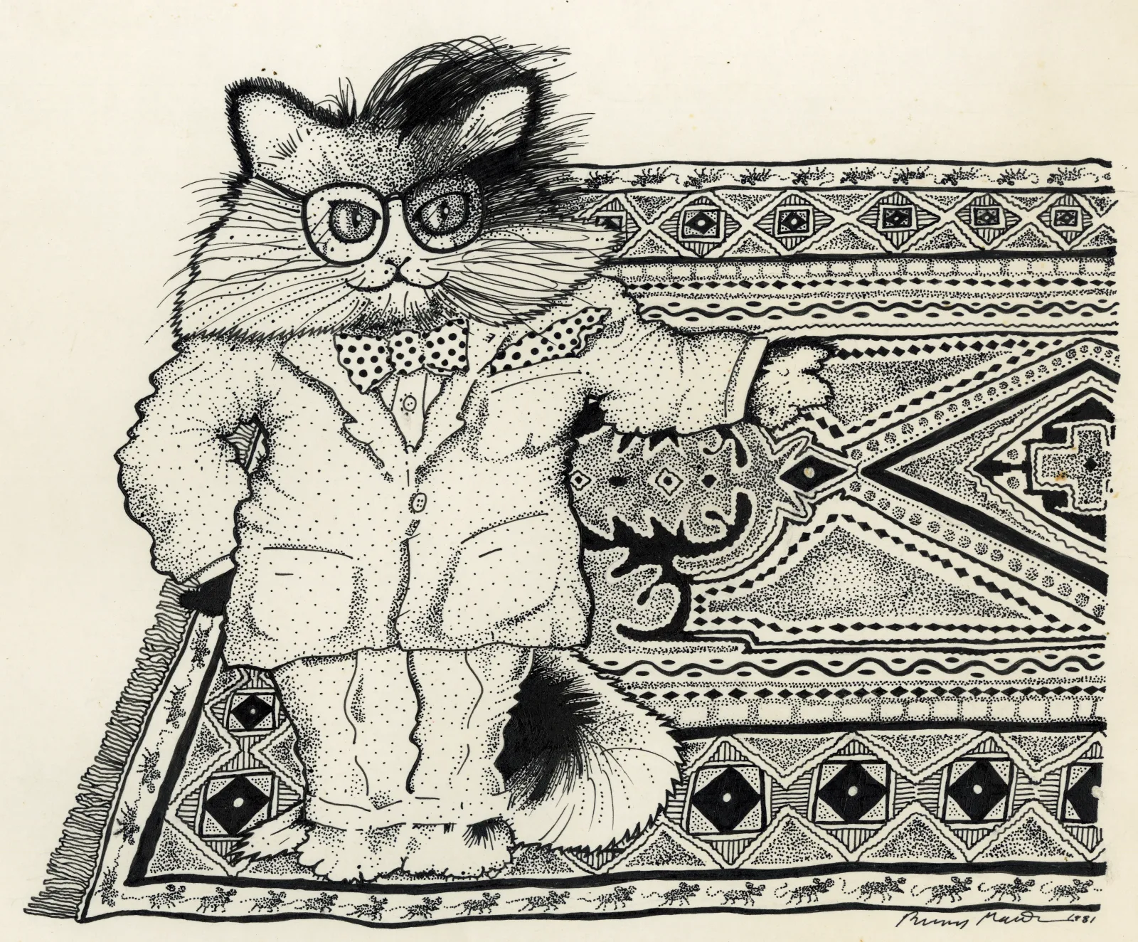 Cat in Suit, Bowtie, Detailed Rug, Mice