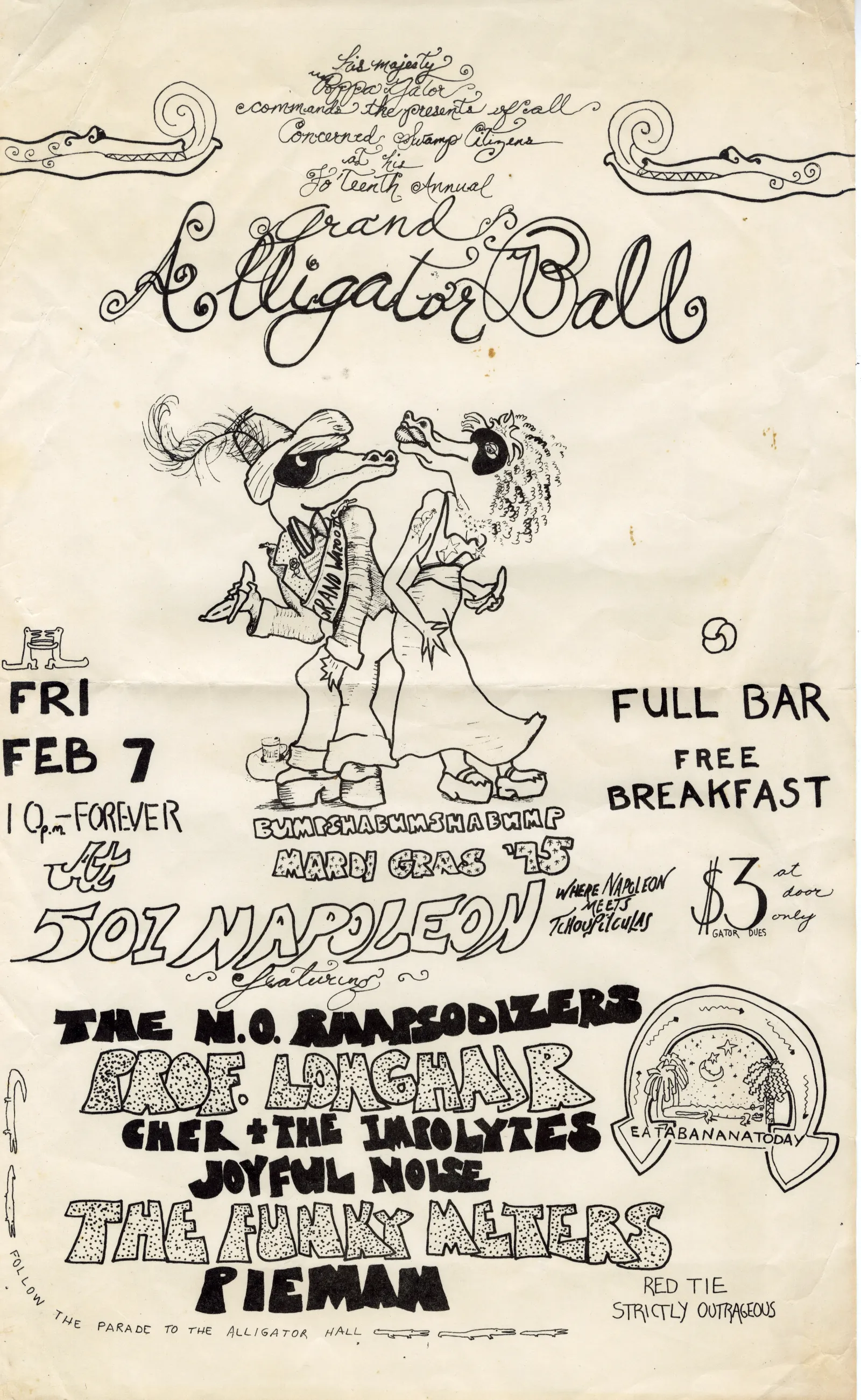 FRI FEB 7 10pm FOREVER ВИМЕЛАВИМЗНАВИМР MARN BAS SORNALED THE N.O. RAARSODIZERS FULL BAR FREE BREAKFAST 105 LOW do CHER +THE IMPOLYTES ABANANATODA JOYFUL NOISE ZE AYRKYLETERS PIEMAN RED TIE THE STRICTLY OUTRAGEOUS