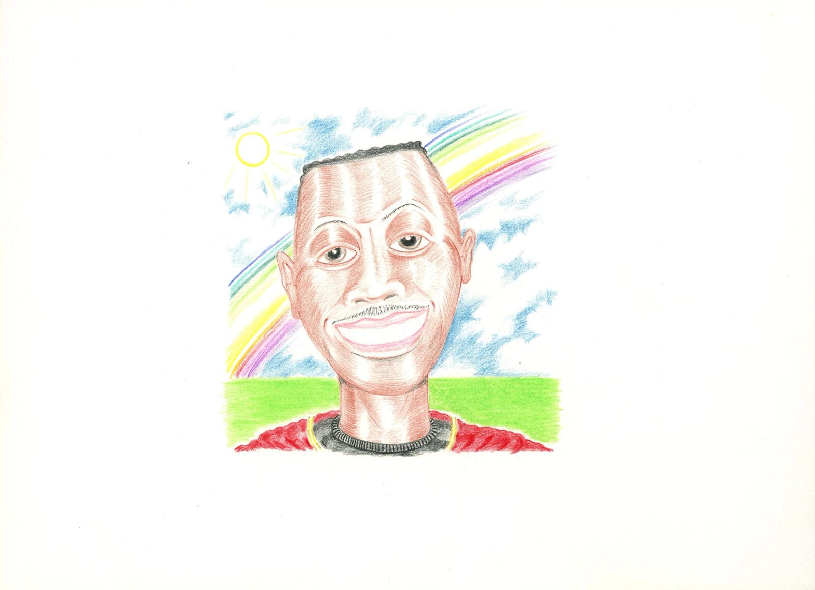Smiling Figure with Rainbow in Background