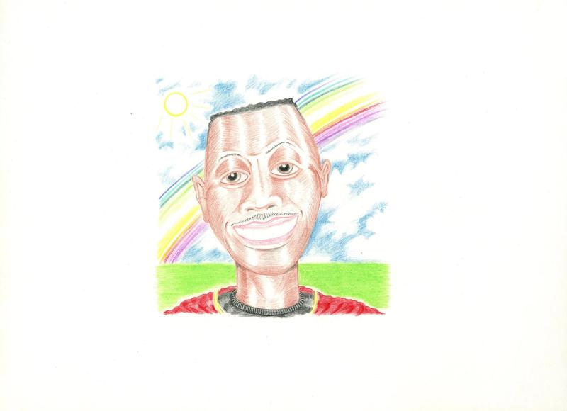 Smiling Figure with Rainbow in Background