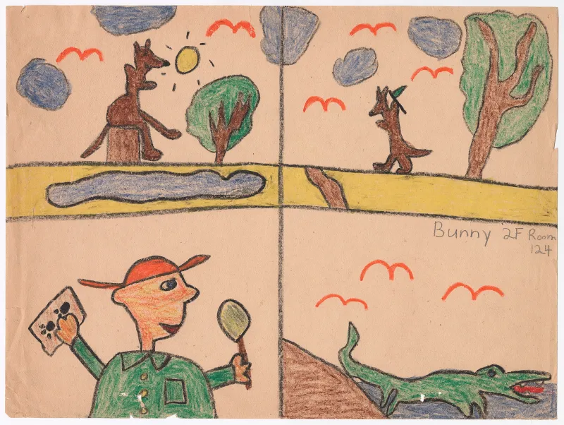 Child's drawing of animals, Kangaroos, Alligator