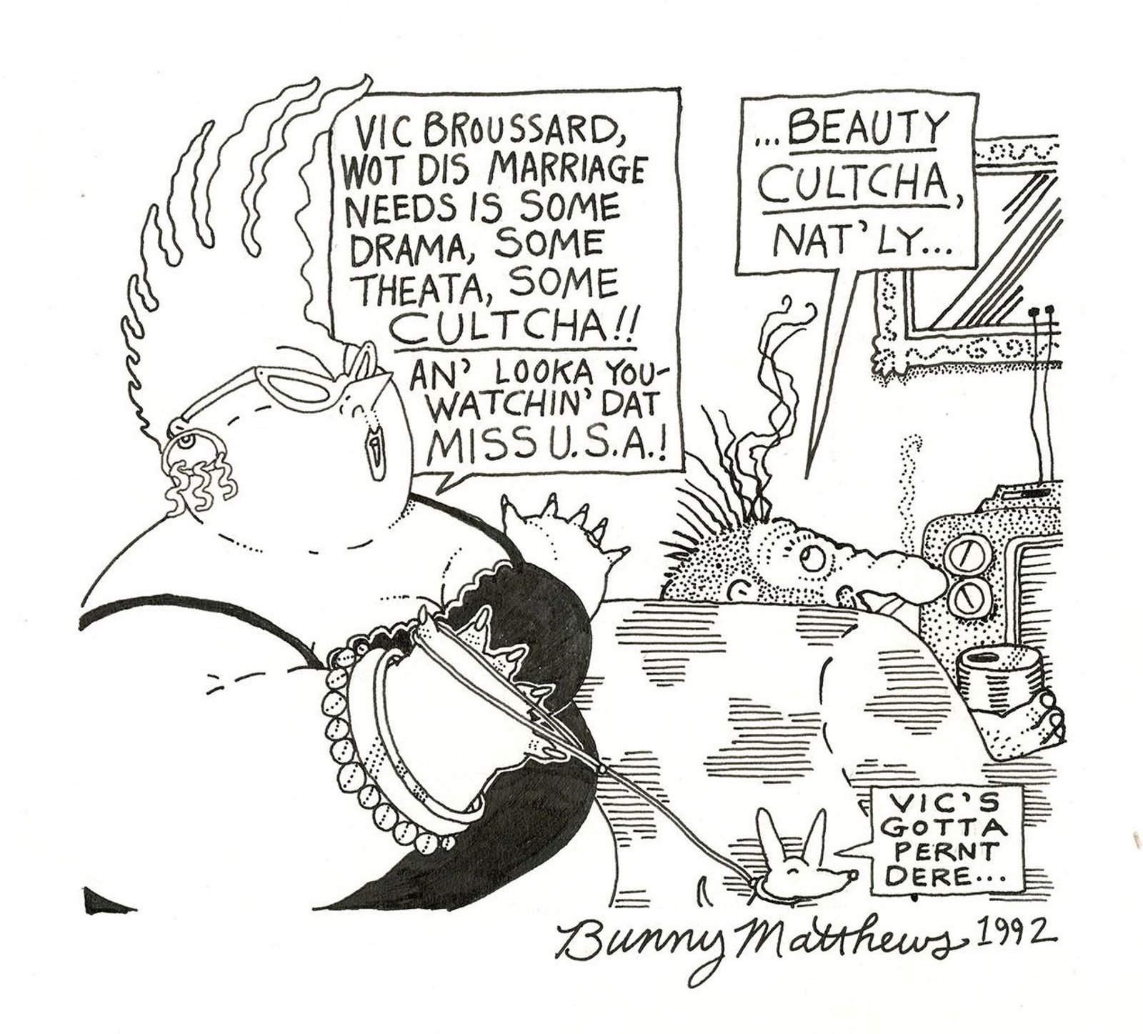 A cartoon of 9th ward denizens discussing Beauty and Culture