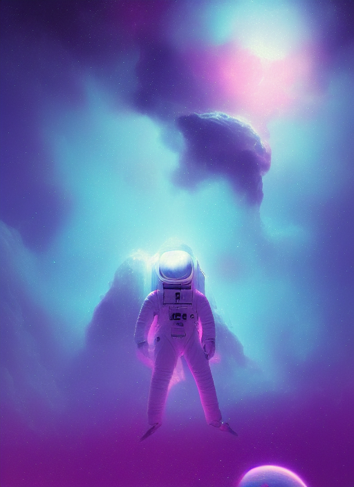 astronaut in space, sci-fi scene, nebula background, synthwave, by Christopher Balaskas, UHD, 4k, 8k, trending on artstation