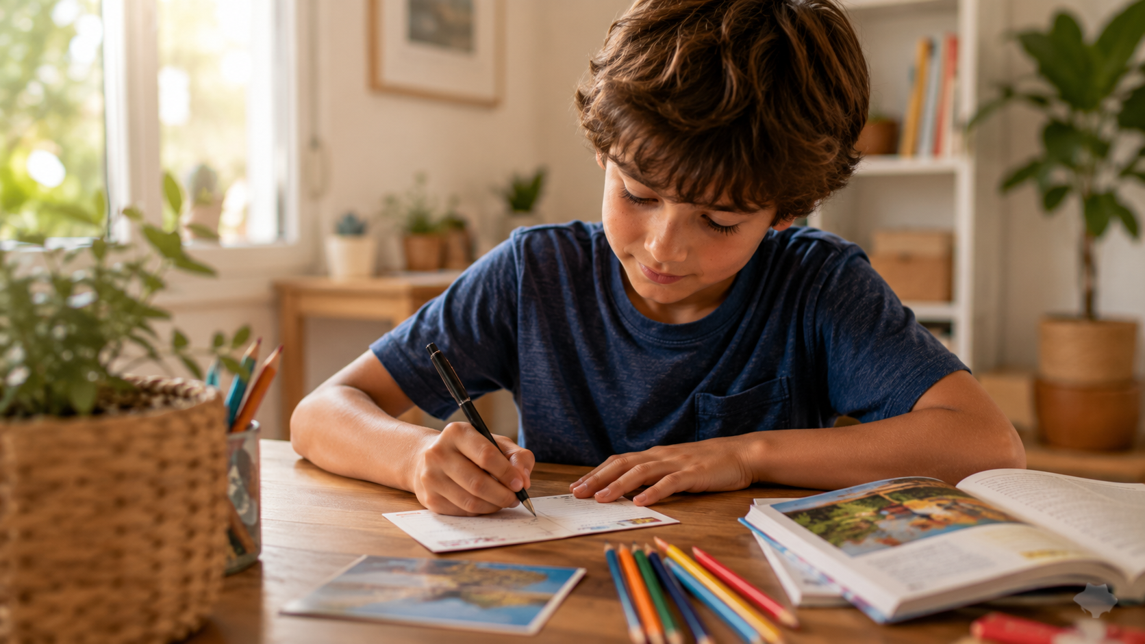 Un enfant écrit une carte postale à la maison, entouré d'un livre ouvert et de crayons de couleur.