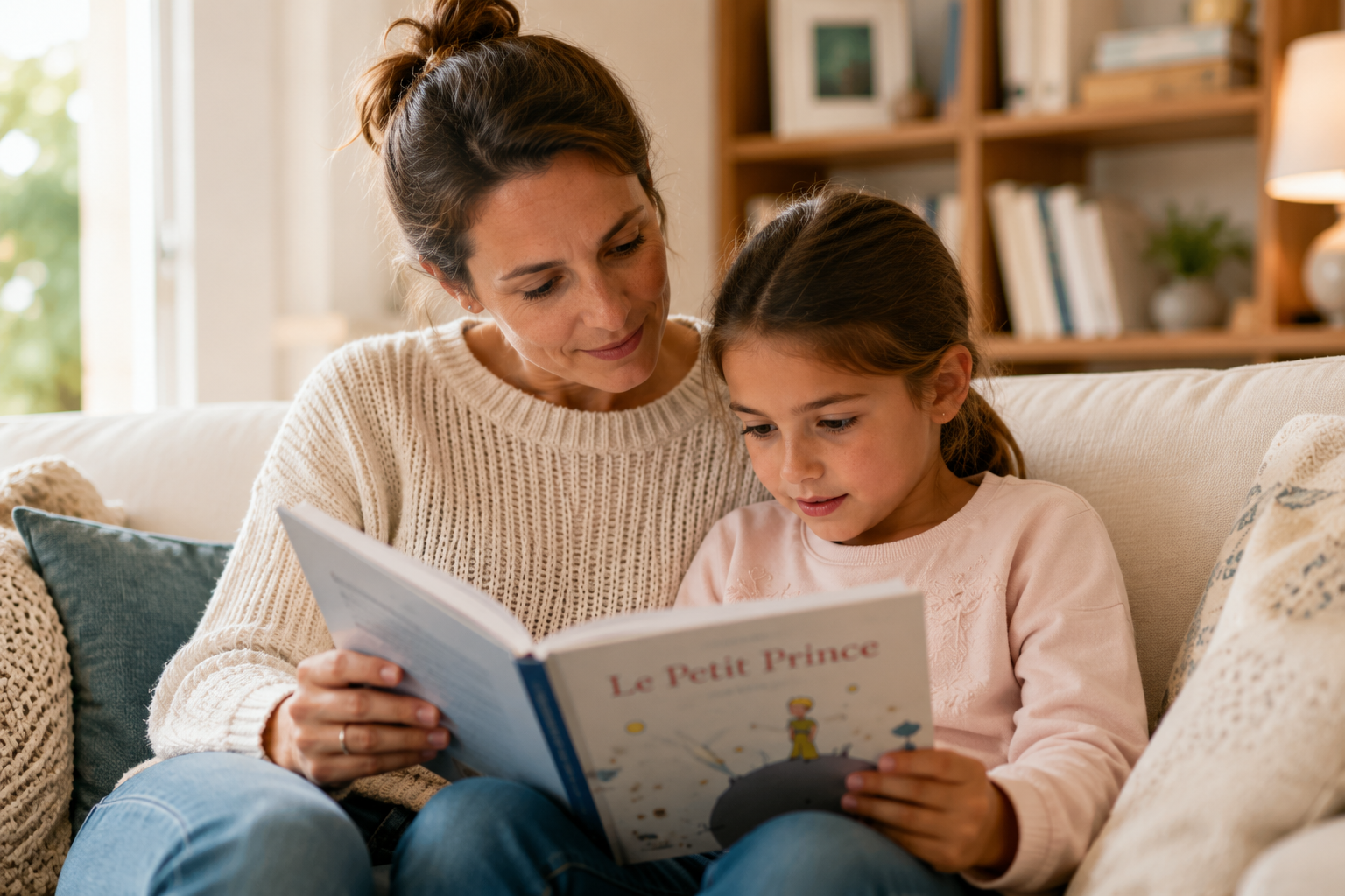 Une mère et son enfant partagent un moment de lecture en français à la maison.