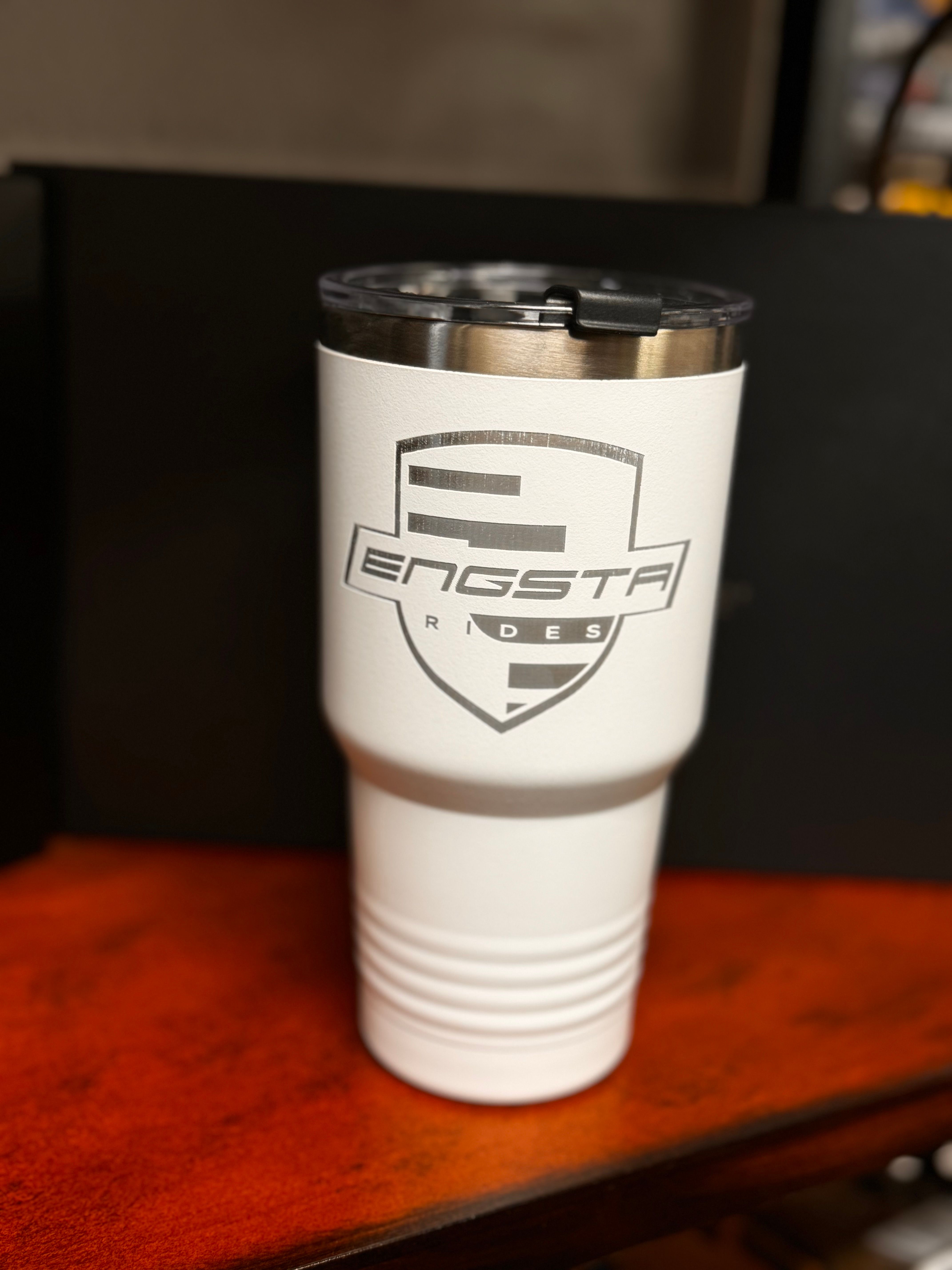 white 30oz tumbler with Engsta Rides logo in front