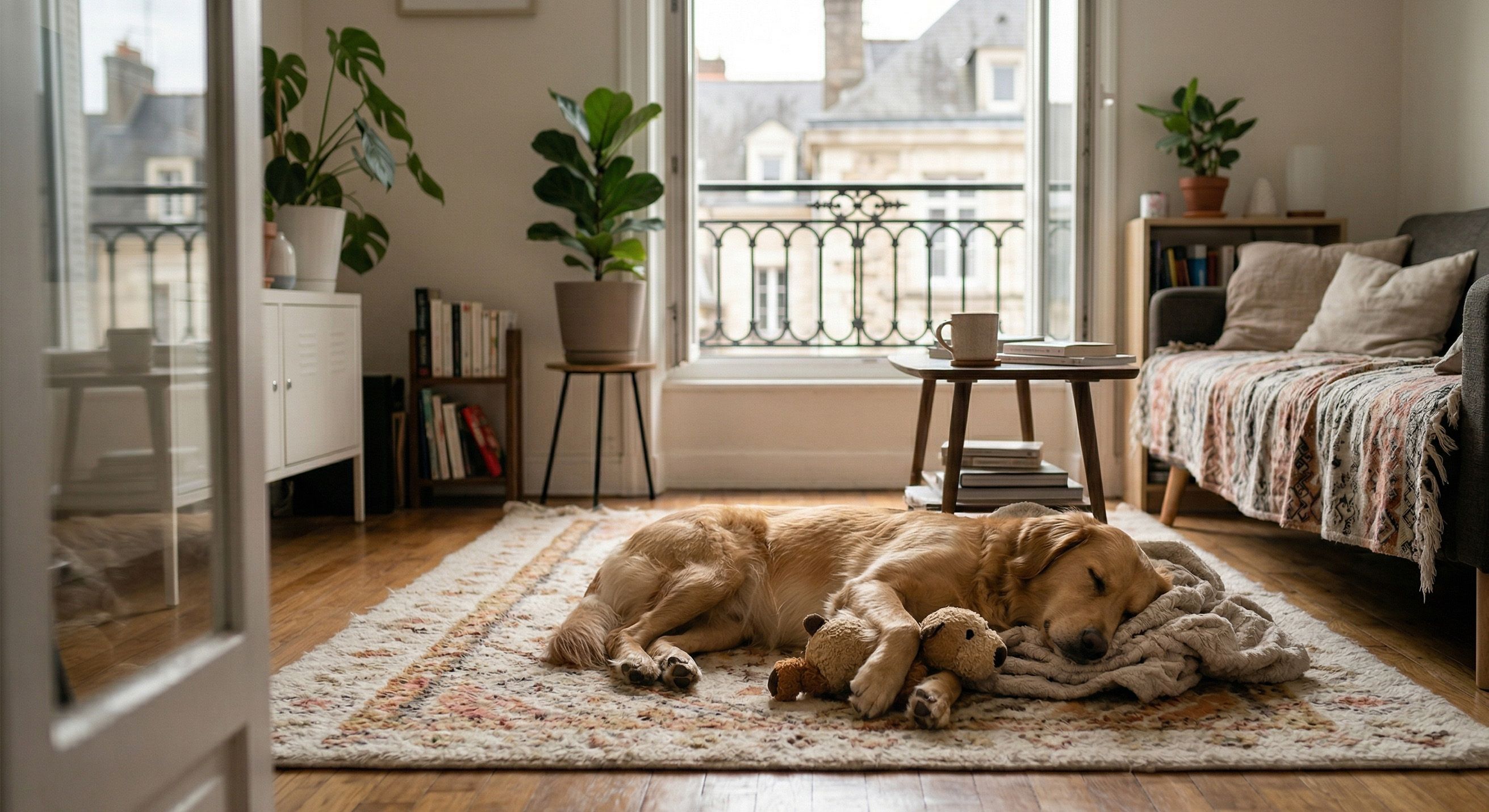 chienne couchée sur son tapis
