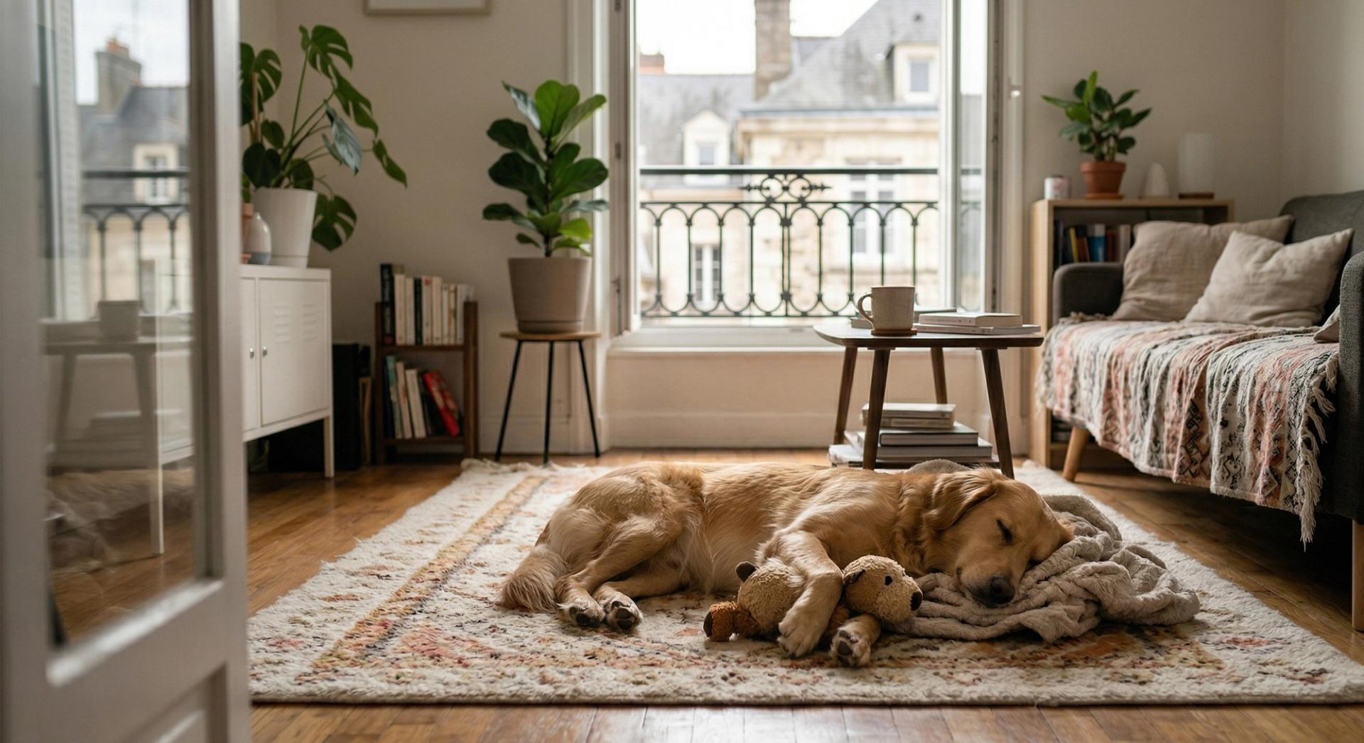 chienne couchée sur son tapis