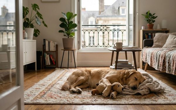 chienne couchée sur son tapis