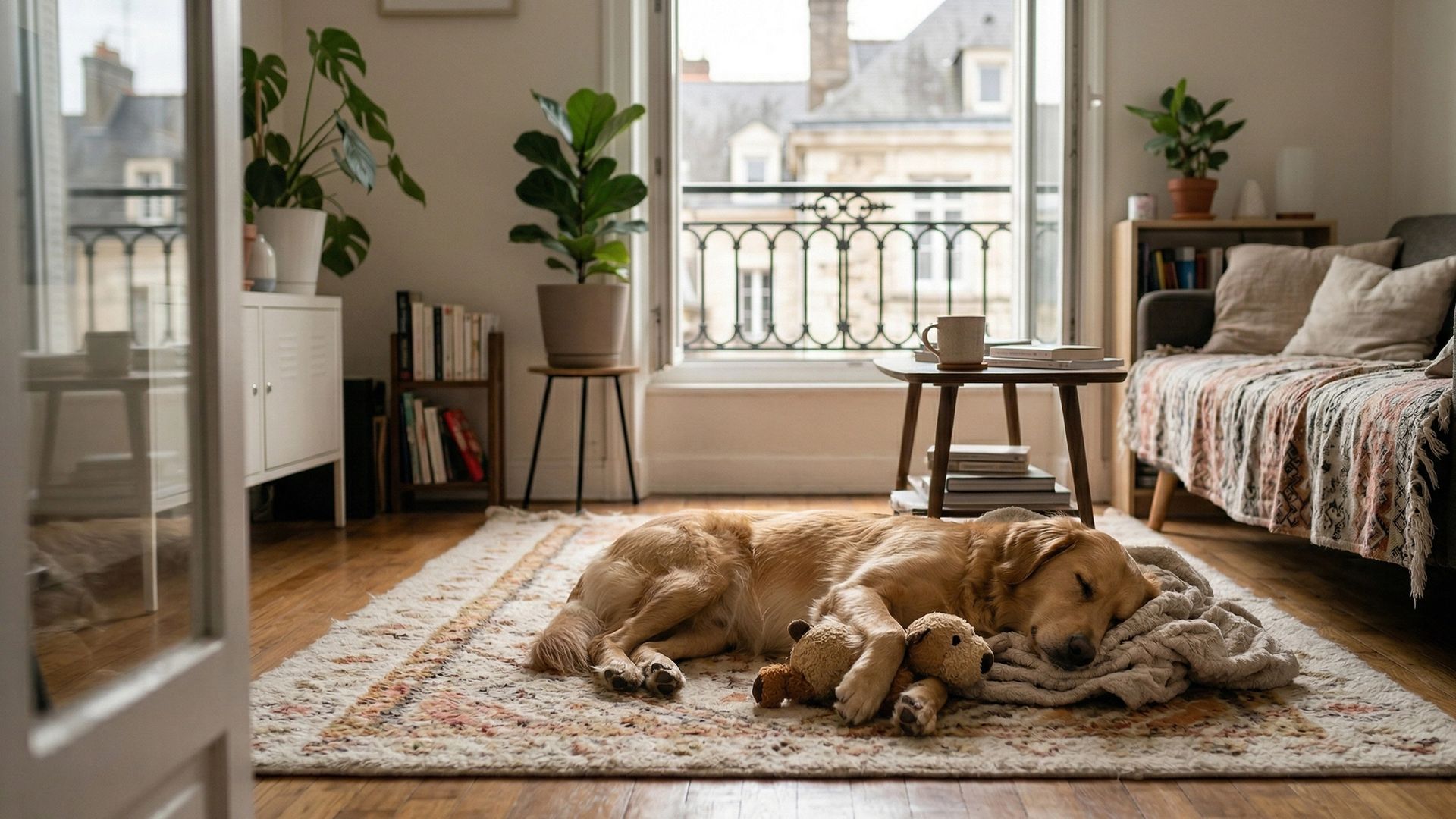 chienne couchée sur son tapis