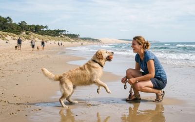 Chien et son maître sur une plage de Gironde