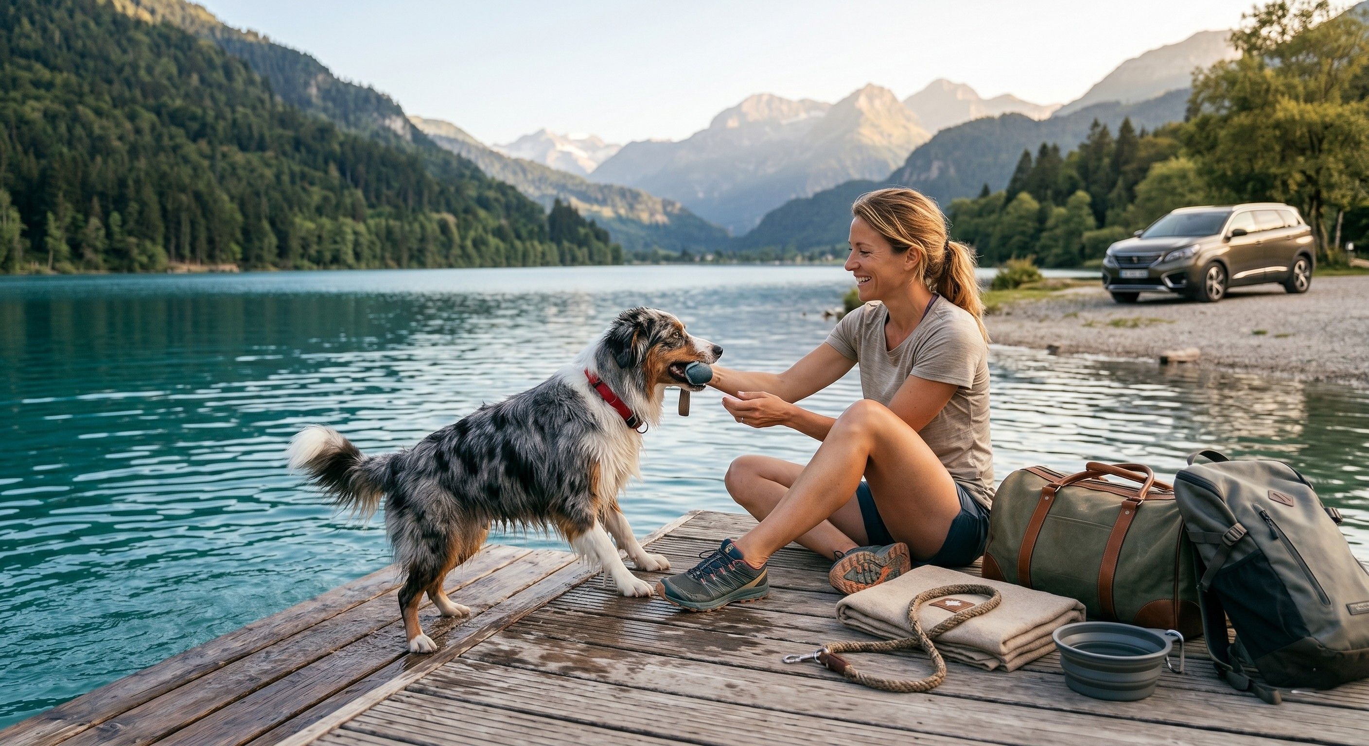 Chien au bord d'un lac