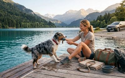 Chien au bord d'un lac