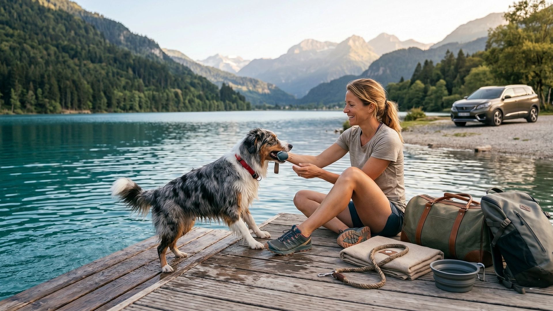 Chien au bord d'un lac