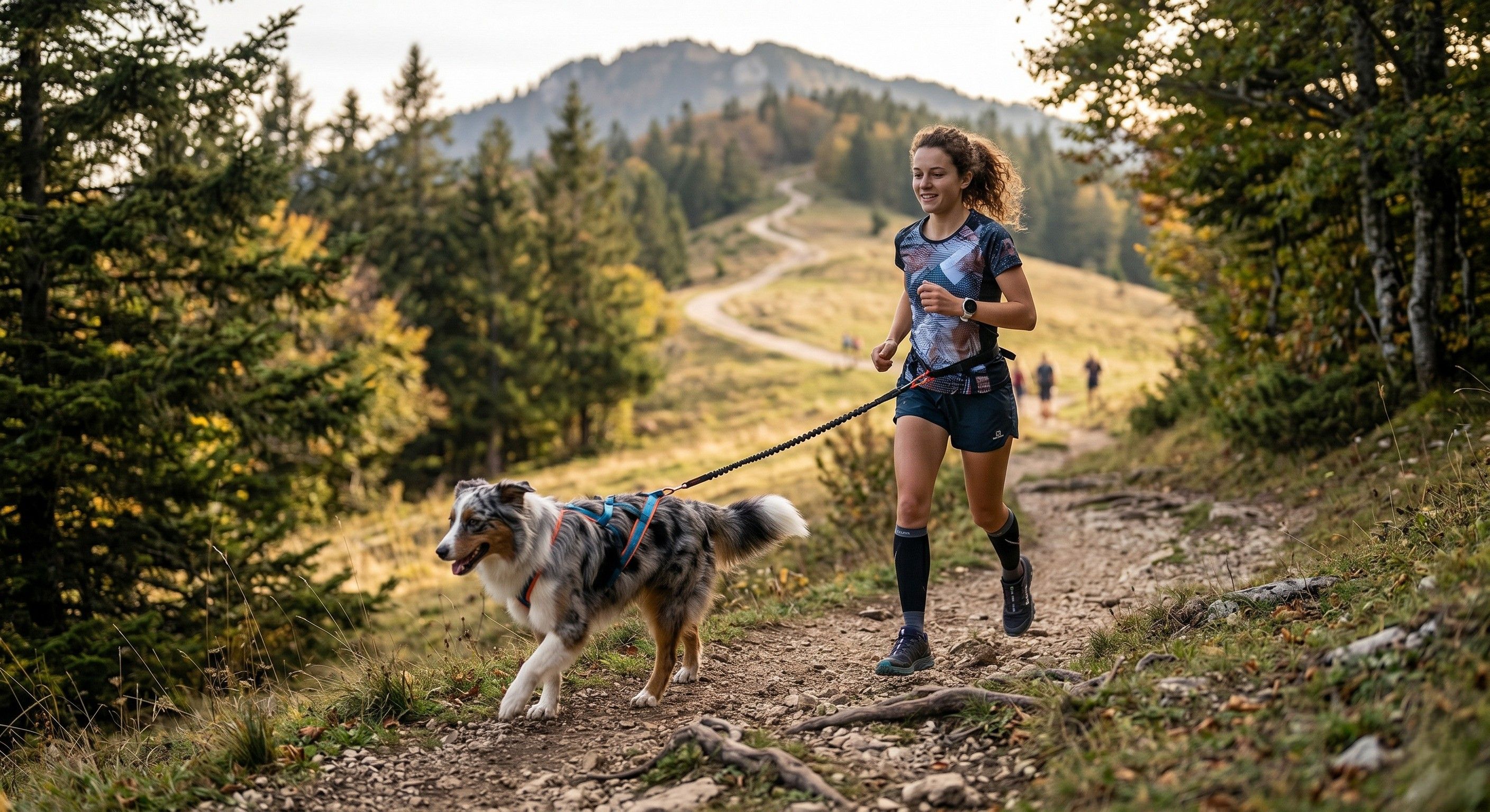 Chien courant avec sa maitresse lors d'un cani-trail