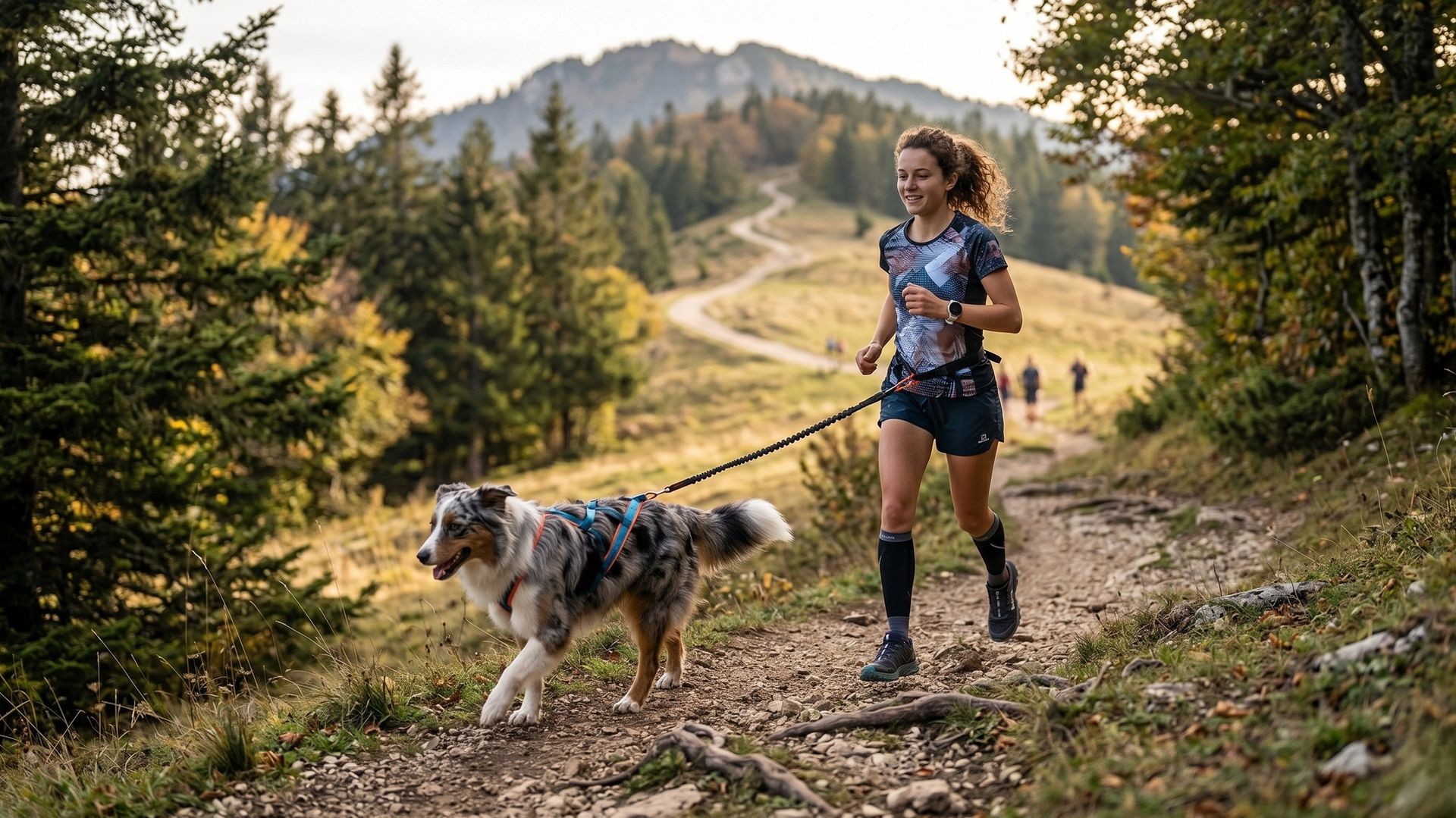 Chien courant avec sa maitresse lors d'un cani-trail