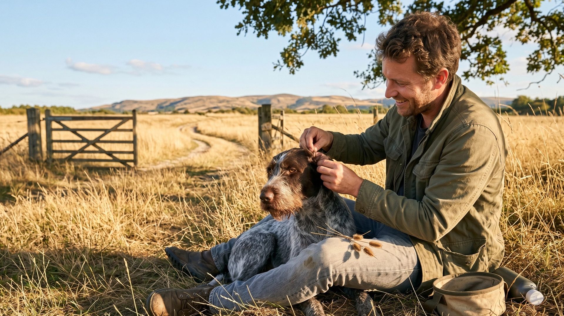 Épillets et chien dans une prairie