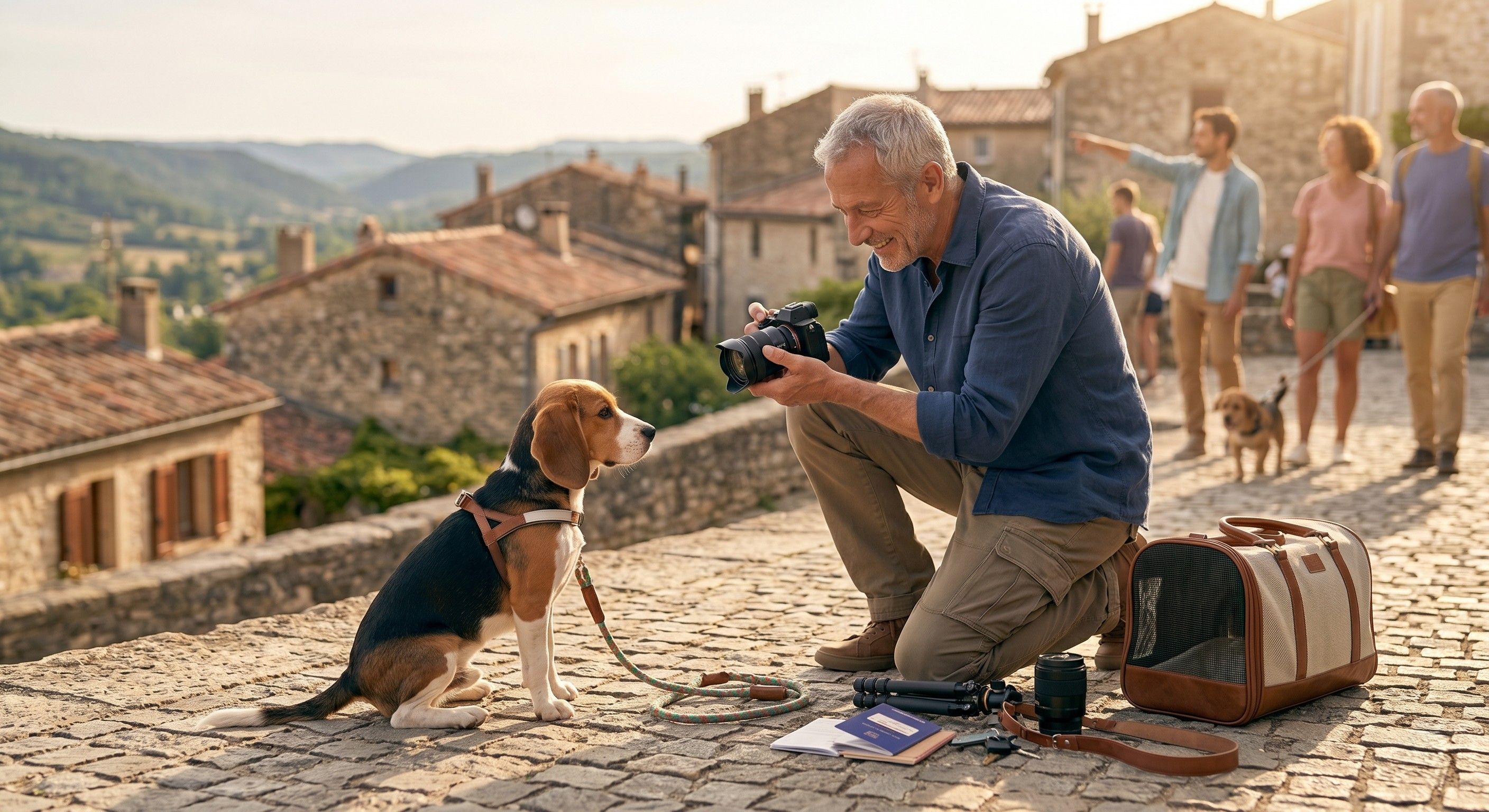 Maître photographiant son chien en voyage