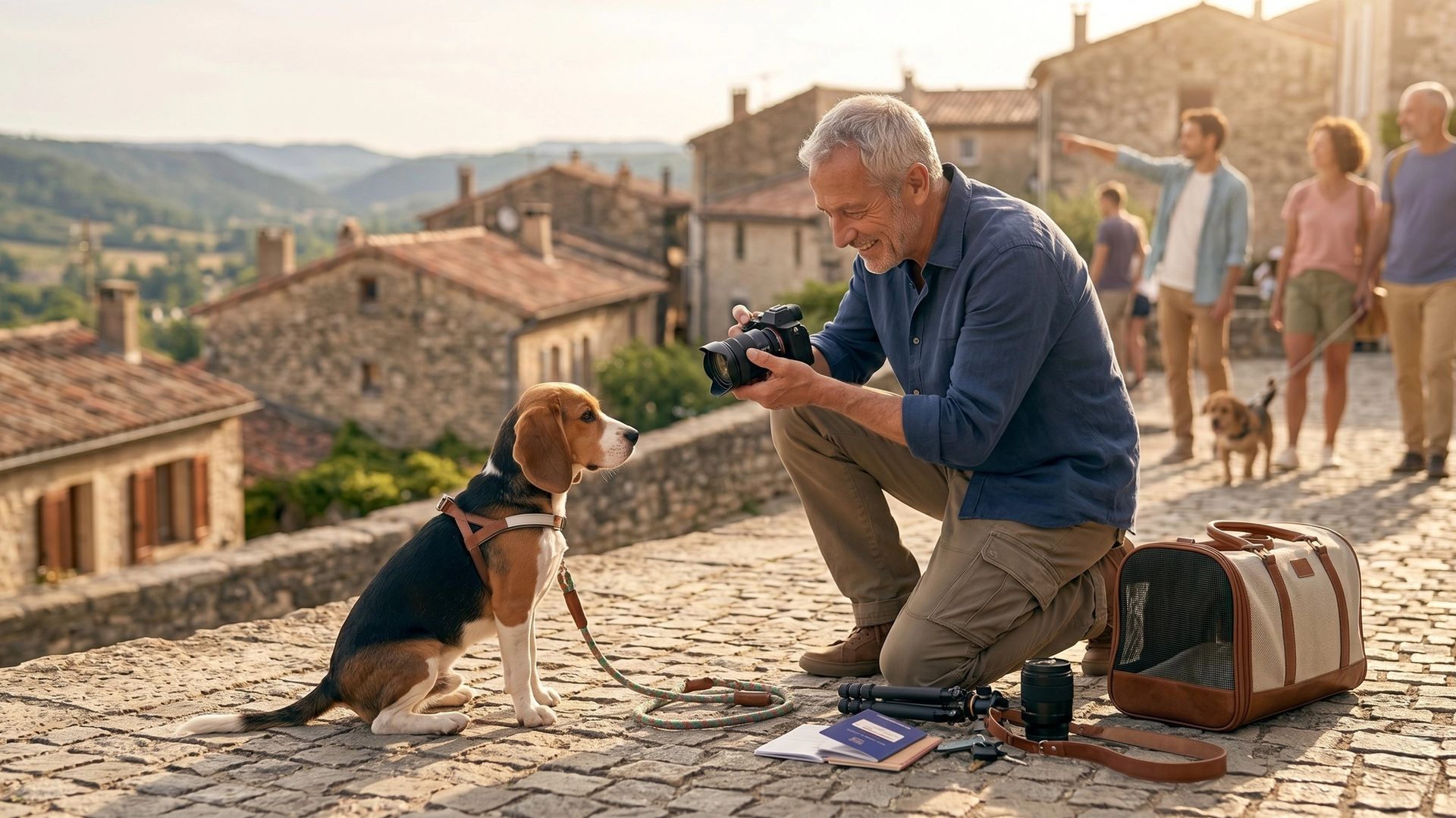 Maître photographiant son chien en voyage