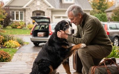 Chien dans les bras de son maître
