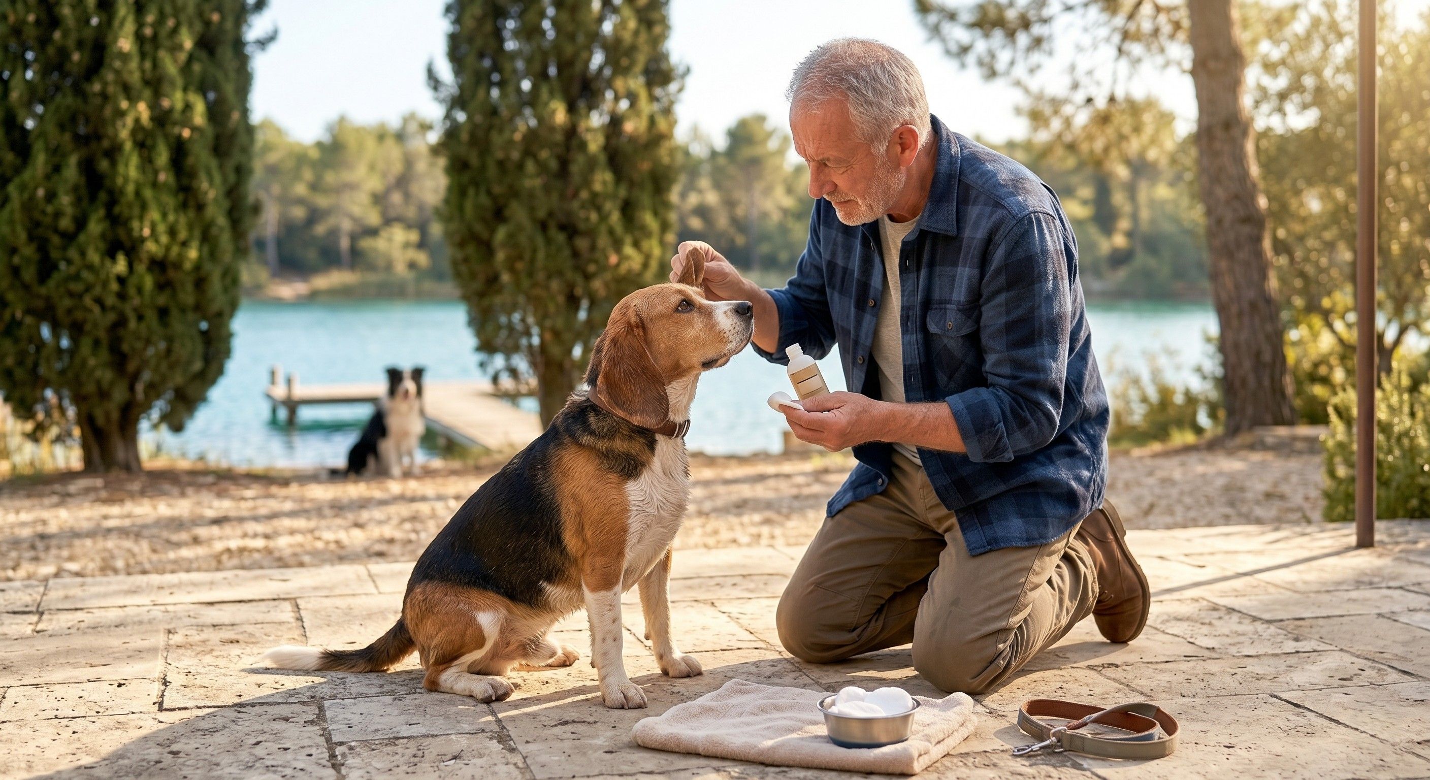 Maître soignant son chien d'une otite