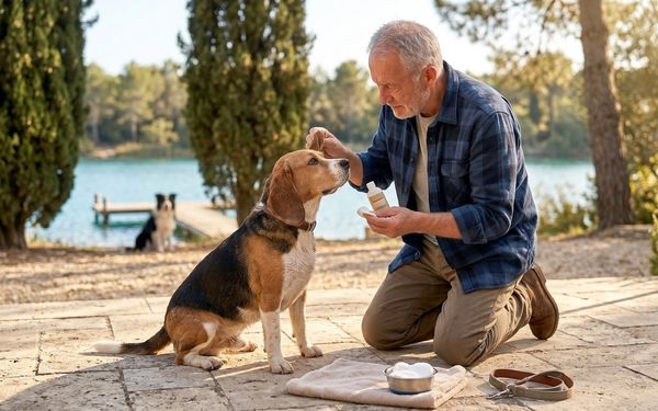 Maître soignant son chien d'une otite