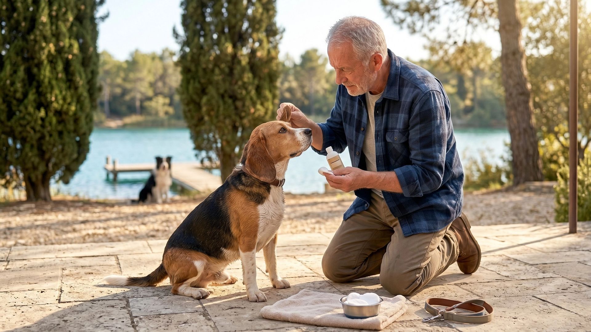 Maître soignant son chien d'une otite