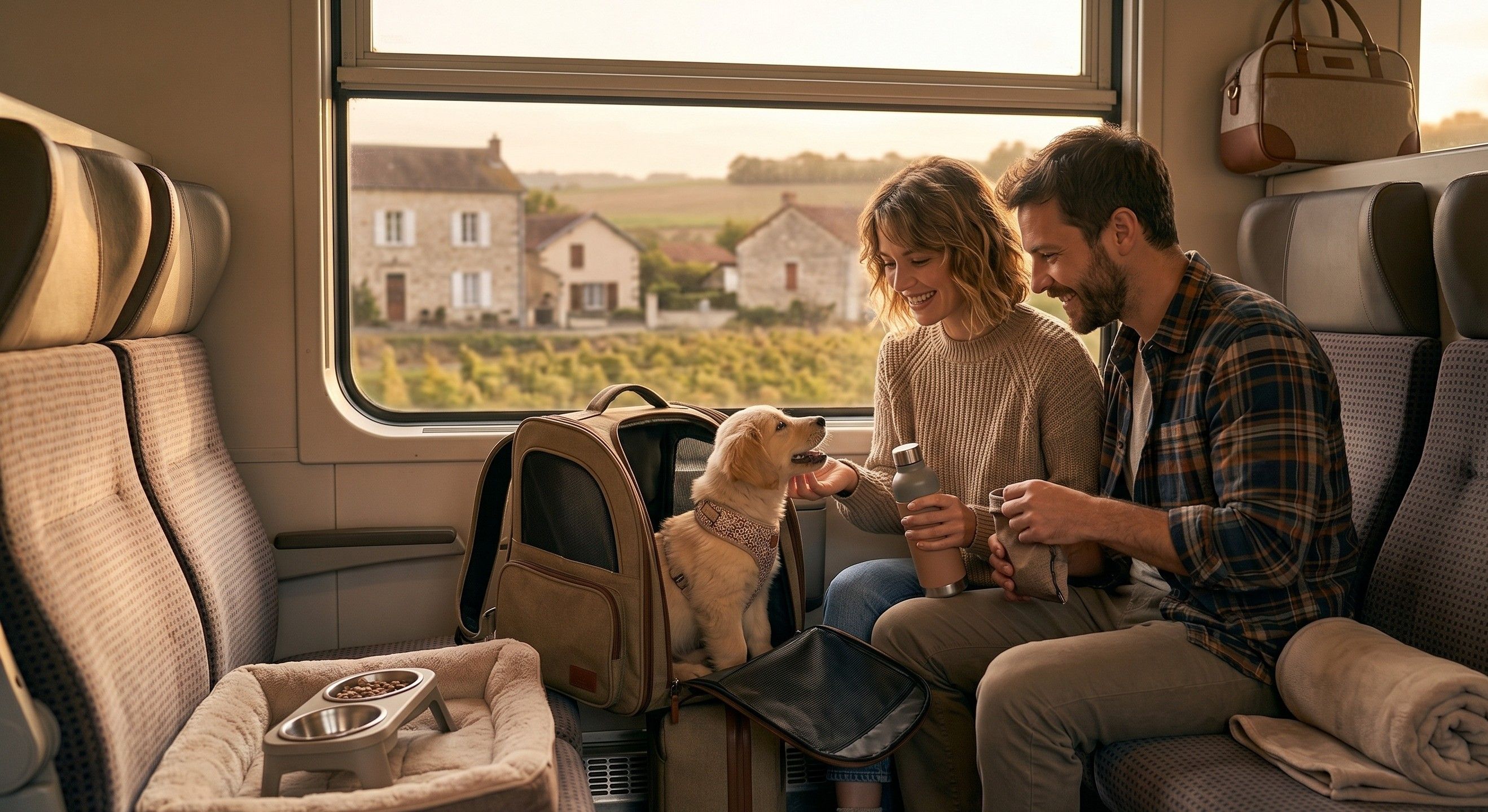 Famille voyageant avec un chiot dans un train