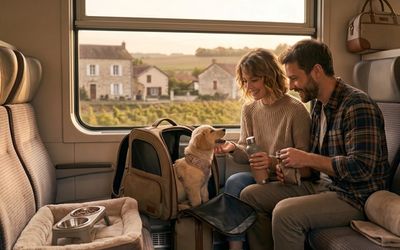 Famille voyageant avec un chiot dans un train