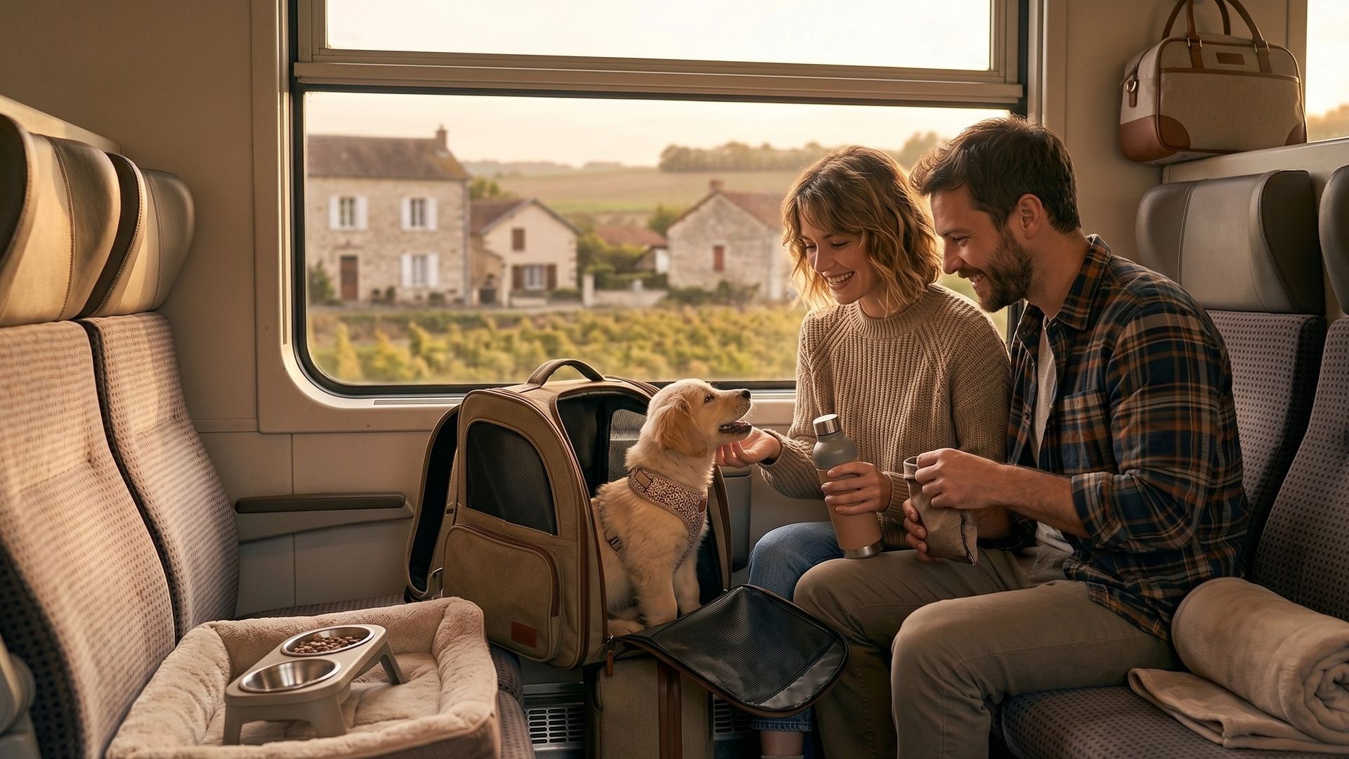 Famille voyageant avec un chiot dans un train