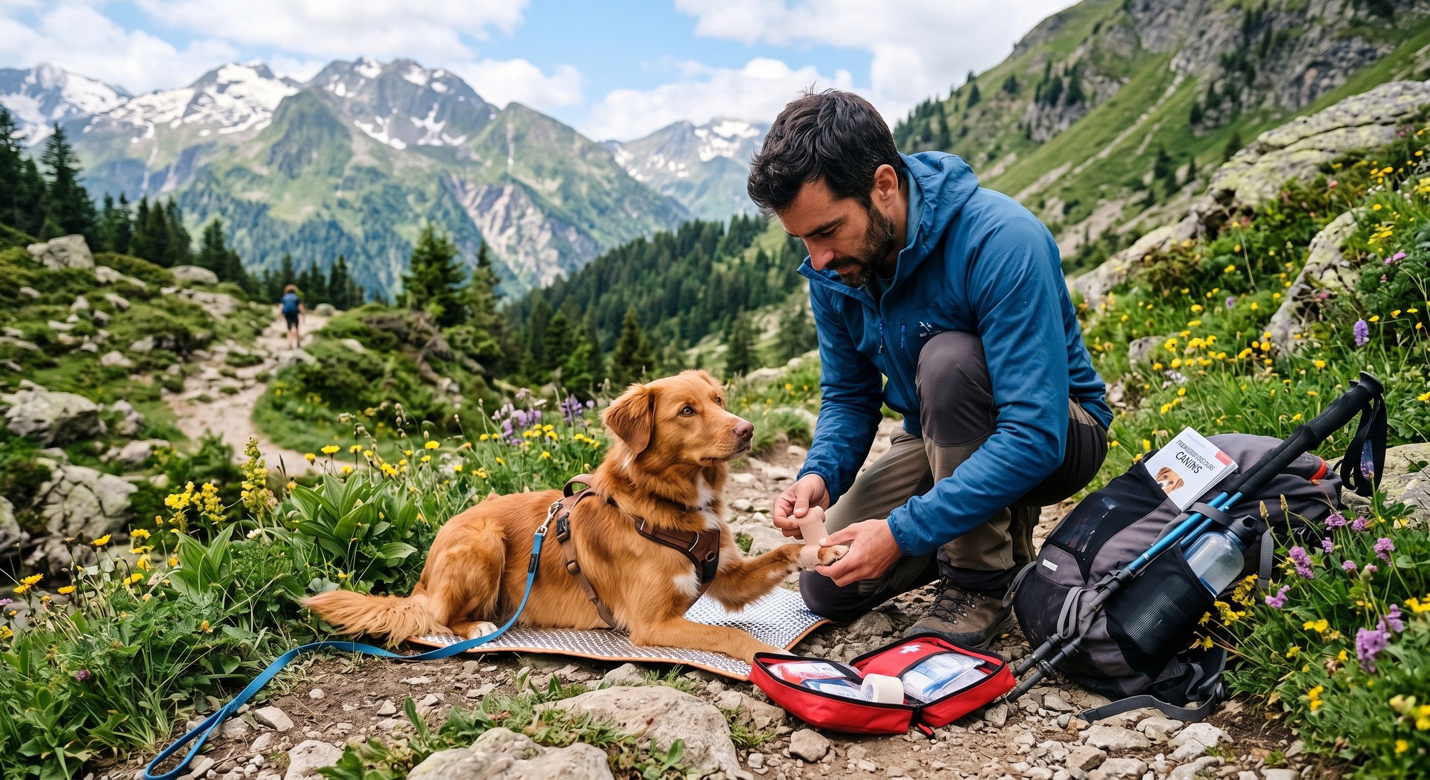 Chien sur un sentier de randonnée en montagne avec son propriétaire le soignant