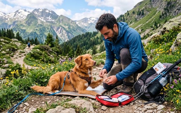 Chien sur un sentier de randonnée en montagne avec son propriétaire le soignant