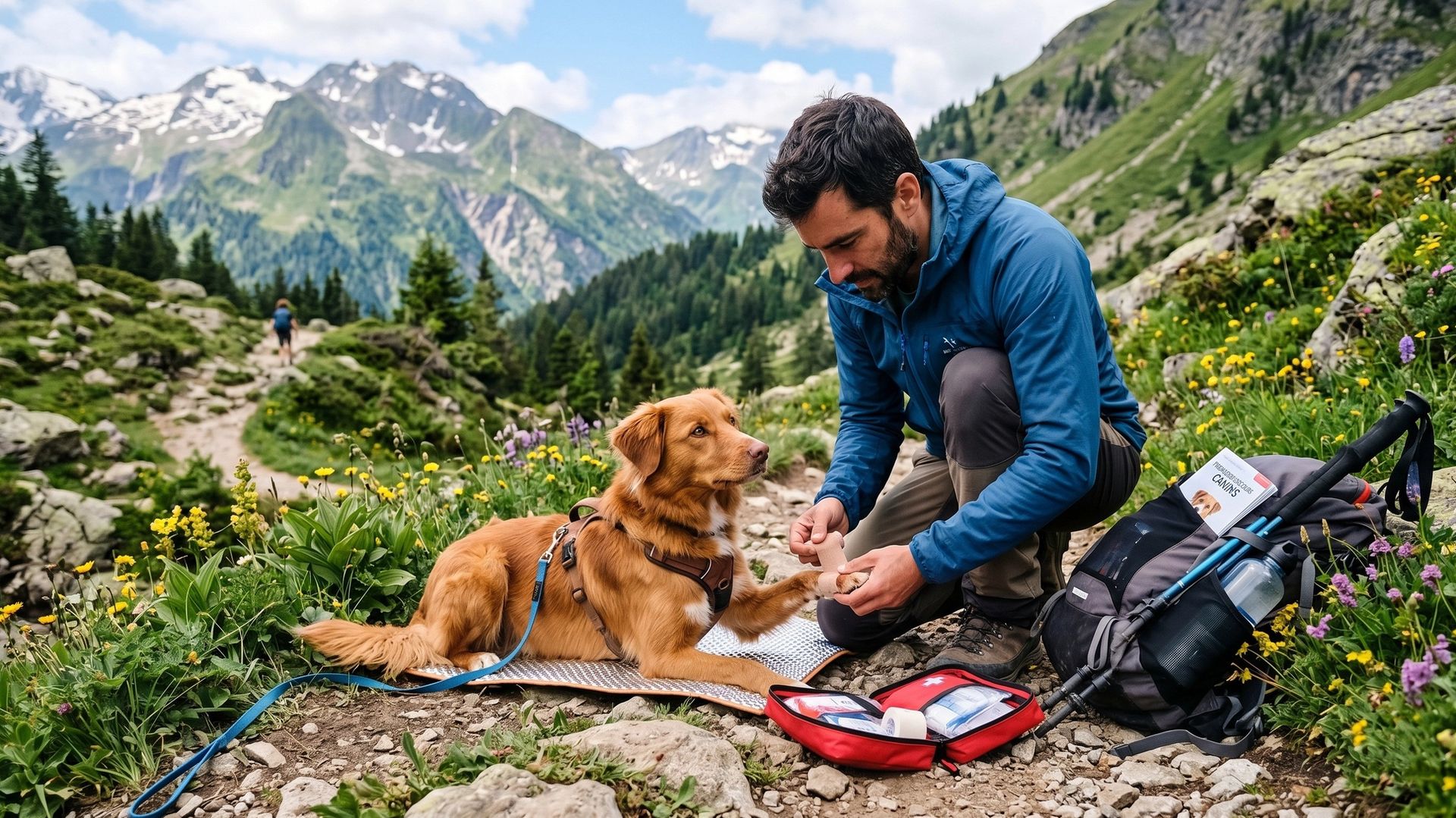 Chien sur un sentier de randonnée en montagne avec son propriétaire le soignant