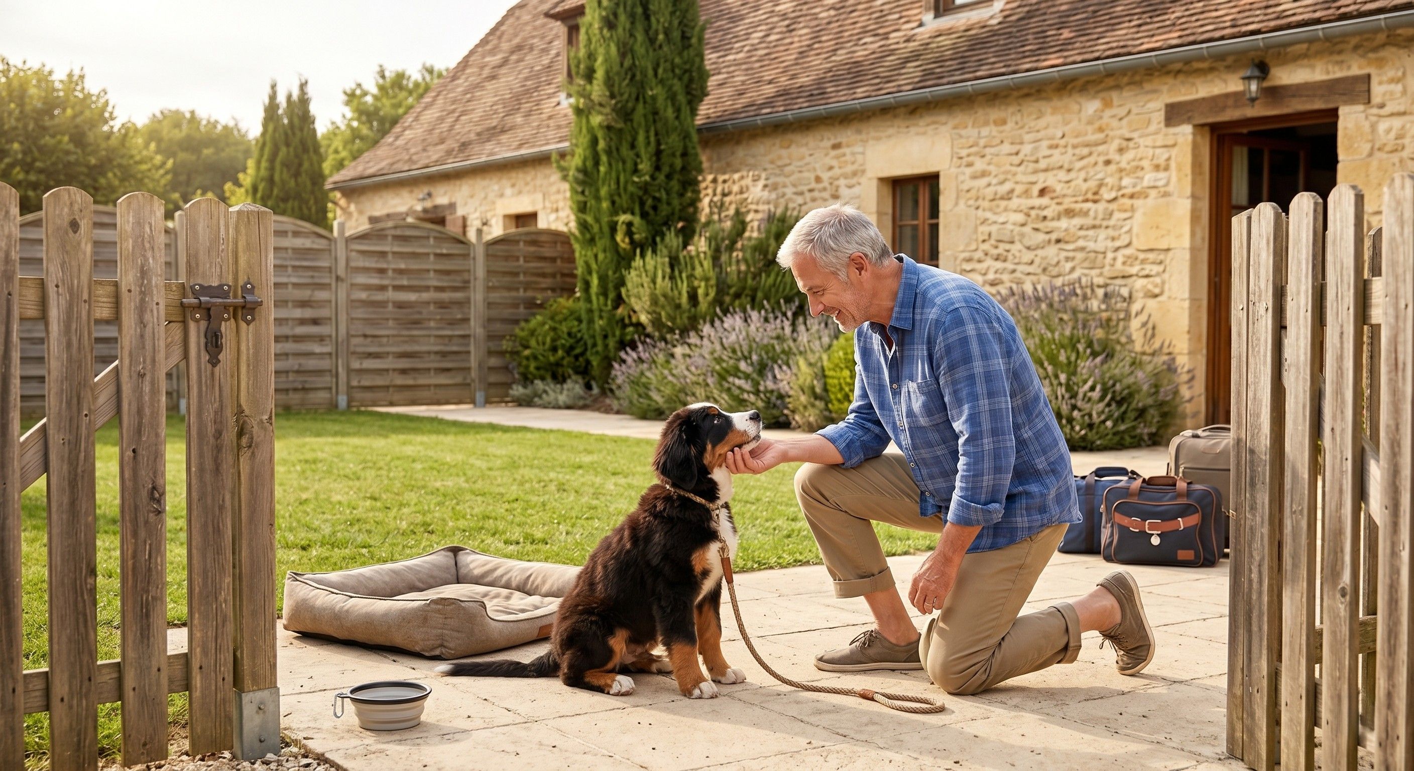Chien dans un jardin clôturé 