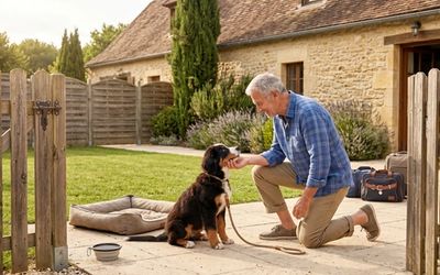 Chien dans un jardin clôturé