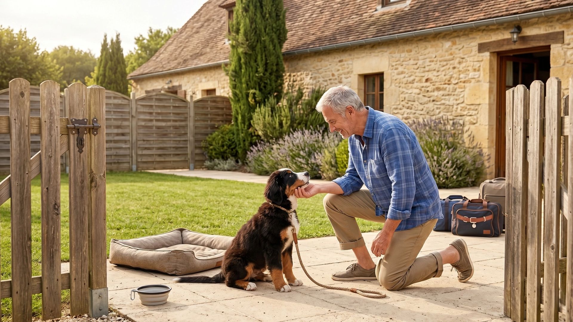 Chien dans un jardin clôturé